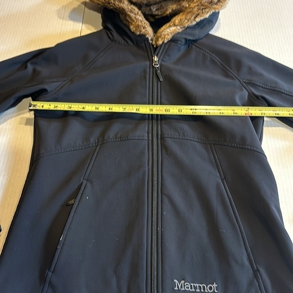 Marmot black tan brown faux furlong hoodie jacket w zipper front and pockets - Picture 4 of 12